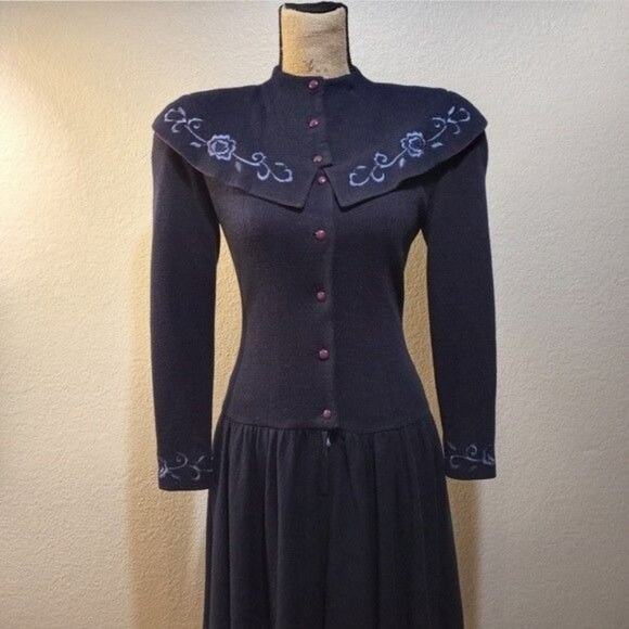 Young Woo Blue Asymmetrical Embroidered Collar Coat Dress XS - Picture 3 of 15